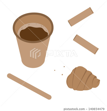 Disposable paper cup with coffee, bitten croissant, crumbles and stirring and sugar stick Coffee Set. Isolated Vector illustration Sticker Icon Coffee or breakfast Related content Menu card, price tag 140654479