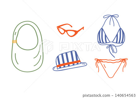 Minimalist summer icon set with bikini, sunglasses, beach bag and striped hat in modern outline style. Vector illustration suitable for branding, stickers, logo design, fashion packaging and promo Minimalist summer icon set with bikini, sunglasses, beach bag and striped hat in modern outline style. Vector illustration suitable for branding, stickers, logo design, fashion packaging and promo 140654563