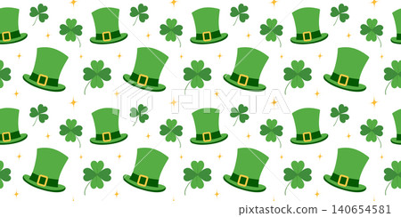 Leprechaun Hat shamrocks, quatrefoils, stars Seamless Pattern St Patrick Day Backdrop Banner format. Isolated Vector Fabric or wallpaper, wrapping paper, packaging design and seasonal merchandise, tag 140654581