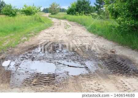 Muddy puddle with tractor tire tracks on winding dirt road, country lane lane with wet clay potholes landscape Muddy puddle with tractor tire tracks on winding dirt road, country lane lane with wet clay potholes landscape 140654680