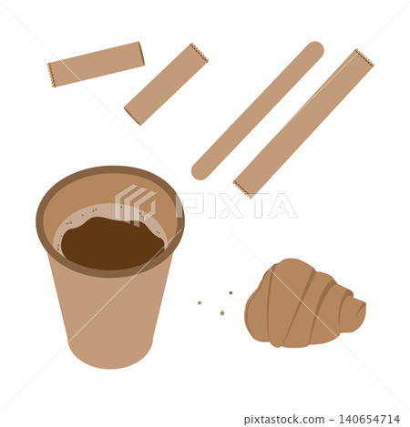 Paper cup with coffee and bitten croissant, stirring rod and sugar stick Sticker Icon Set elements. Isolated Vector illustration Coffee Thematic Related content Greeting, leaflet, post design elements 140654714
