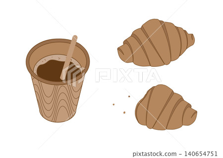 Coffee in disposable cup, whole and bitten croissant and crumbs around Cozy morning design elements. Isolated Vector illustration International Croissant Day or bakery thematic, motivation card, promo Coffee in disposable cup, whole and bitten croissant and crumbs around Cozy morning design elements. Isolated Vector illustration International Croissant Day or bakery thematic, motivation card, promo 140654751