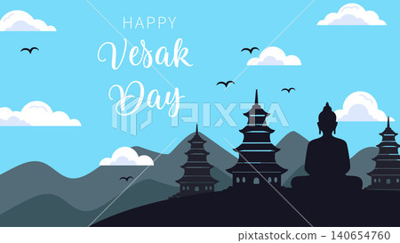 Happy Vesak Day Greeting Card with Buddha Temple Mountain Landscape Background Happy Vesak Day Greeting Card with Buddha Temple Mountain Landscape Background 140654760