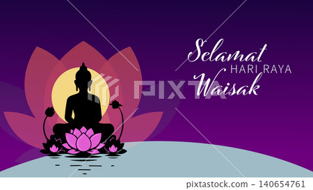 Vesak Day Greeting with Buddha Silhouette and Lotus Flower Vector Illustration Vesak Day Greeting with Buddha Silhouette and Lotus Flower Vector Illustration 140654761