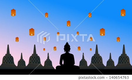Vesak Day Illustration with Buddha Silhouette and Borobudur Temple Lantern Festival Banner Background Vesak Day Illustration with Buddha Silhouette and Borobudur Temple Lantern Festival Banner Background 140654763