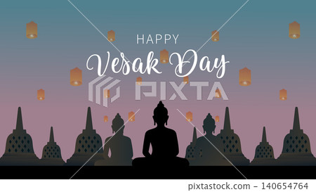 Happy Vesak Day Greeting Banner with Borobudur Temple Lantern Festival Happy Vesak Day Greeting Banner with Borobudur Temple Lantern Festival 140654764