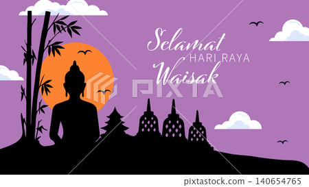 Vesak Greeting Banner with Buddha Silhouette and Borobudur Temple 140654765