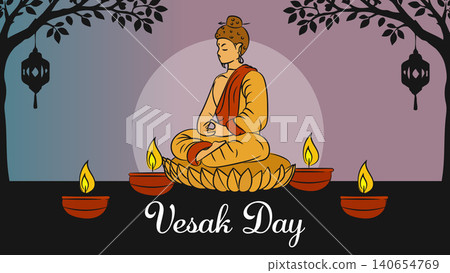 Vesak Day Greeting Banner Buddha Meditation Illustration with Candles and Silhouette Trees Illustration Vesak Day Greeting Banner Buddha Meditation Illustration with Candles and Silhouette Trees Illustration 140654769