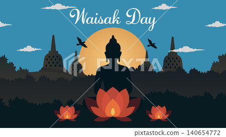 Waisak Day greeting Banner featuring Buddha silhouette, lotus flowers, and Borobudur temple background.Vector Illustration. 140654772