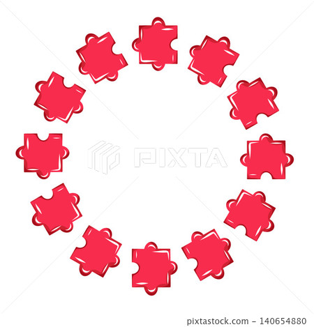 Circular heart puzzle frame made of red glossy jigsaw pieces arranged in a wreath shape, vector illustration in cute cartoon style for Valentine Day cards, invitations, posters, romantic designs 140654880