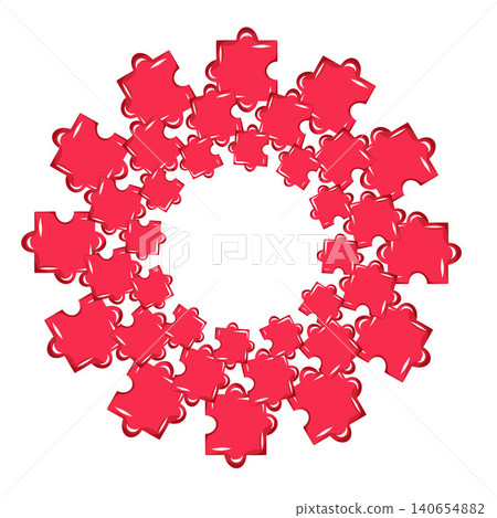 Circular puzzle frame made of red glossy jigsaw pieces arranged in a dense wreath shape, vector illustration in cute cartoon style for Valentine Day cards, invitations, posters, romantic designs 140654882