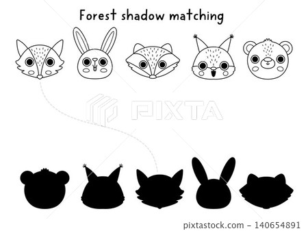 Forest black and white shadow matching activity with animal heads. Woodland line puzzle with muzzles. Wildlife find correct silhouette printable worksheet, game, coloring page with fox, hare, bear Forest black and white shadow matching activity with animal heads. Woodland line puzzle with muzzles. Wildlife find correct silhouette printable worksheet, game, coloring page with fox, hare, bear 140654891