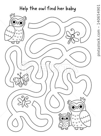 Forest animals black and white maze for children with mother owl, baby owlet. Line labyrinth game with wild birds. Woodland printable activity, coloring page, worksheet with parent, kid, butterfly 140654901