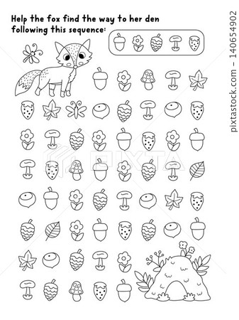 Forest black and white maze, logical game. Attention skills line puzzle, printable activity with woodland animal, hill house. Logical searching puzzle. Follow sequence of elements to help fox find Forest black and white maze, logical game. Attention skills line puzzle, printable activity with woodland animal, hill house. Logical searching puzzle. Follow sequence of elements to help fox find 140654902