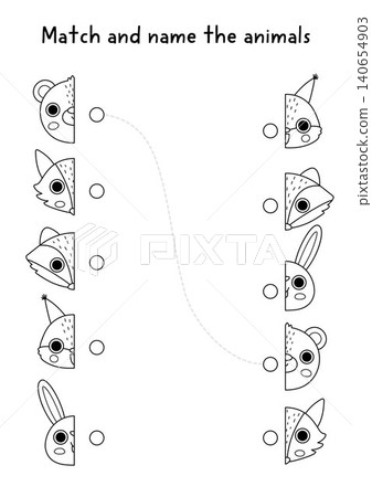 Forest black and white matching activity with cute animal muzzles. Woodland line puzzle with face halves. Match objects game, coloring page. Wildlife printable worksheet with bear, fox, raccoon Forest black and white matching activity with cute animal muzzles. Woodland line puzzle with face halves. Match objects game, coloring page. Wildlife printable worksheet with bear, fox, raccoon 140654903