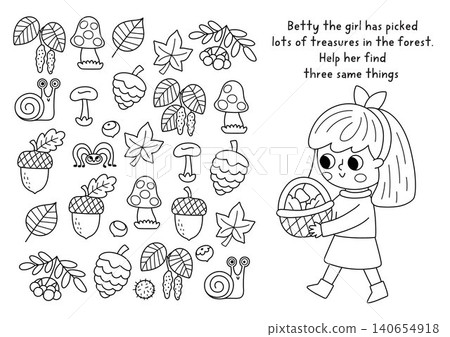 Find three same forest objects. Matching black and white activity. Woodland line quiz worksheet for kids. Game, coloring page with girl with basket gathering mushrooms, acorns, cones, snails Find three same forest objects. Matching black and white activity. Woodland line quiz worksheet for kids. Game, coloring page with girl with basket gathering mushrooms, acorns, cones, snails 140654918