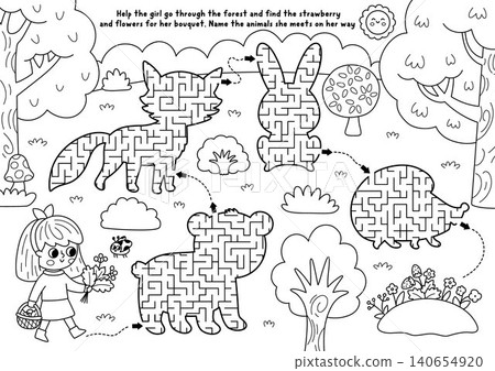 Woodland black and white maze with geometrical fox, bear, hare, hedgehog. Line labyrinth game. Forest animals printable activity, coloring page, worksheet with nature scene, girl Woodland black and white maze with geometrical fox, bear, hare, hedgehog. Line labyrinth game. Forest animals printable activity, coloring page, worksheet with nature scene, girl 140654920