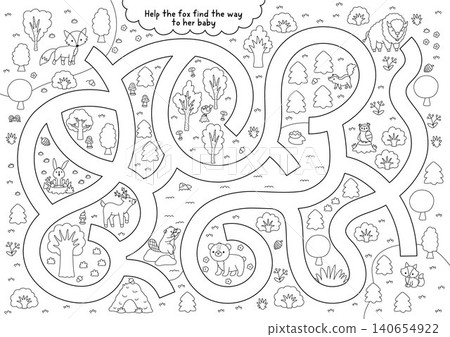 Forest animals black and white maze for children with nature scene, mother fox searching baby cub. Line labyrinth game. Woodland printable activity, coloring page, worksheet with deer, bear Forest animals black and white maze for children with nature scene, mother fox searching baby cub. Line labyrinth game. Woodland printable activity, coloring page, worksheet with deer, bear 140654922