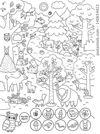 Vector black and white searching game with forest landscape. Spot hidden objects. Woodland line seek and find activity for kids. Wild nature worksheet, coloring page with animals, trees, deer, lynx Vector black and white searching game with forest landscape. Spot hidden objects. Woodland line seek and find activity for kids. Wild nature worksheet, coloring page with animals, trees, deer, lynx 140654923