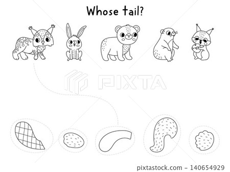 Forest black and white matching activity with animals and tails. Woodland line puzzle with lynx, hare, bear, squirrel. Match object game, coloring page with body part. Wildlife printable worksheet Forest black and white matching activity with animals and tails. Woodland line puzzle with lynx, hare, bear, squirrel. Match object game, coloring page with body part. Wildlife printable worksheet 140654929