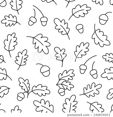 Vector black and white seamless pattern with oak tree leaves and acorns. Cartoon woodland flora digital paper. Natural repeat background with forest plants. Simple line woods texture, coloring page Vector black and white seamless pattern with oak tree leaves and acorns. Cartoon woodland flora digital paper. Natural repeat background with forest plants. Simple line woods texture, coloring page 140654931