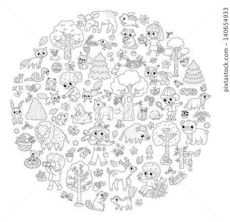 Forest animals black and white round set for kids. Vector woodland birds, insects, trees, plants collection. Cute bear, fox, deer, squirrel line illustration, coloring page framed in circle Forest animals black and white round set for kids. Vector woodland birds, insects, trees, plants collection. Cute bear, fox, deer, squirrel line illustration, coloring page framed in circle 140654933