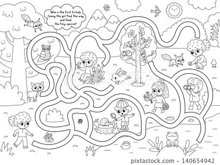 Forest animals black and white maze for children with nature scene, girl going to feed squirrel. Line labyrinth game. Woodland printable activity, coloring page, worksheet with kids explorers Forest animals black and white maze for children with nature scene, girl going to feed squirrel. Line labyrinth game. Woodland printable activity, coloring page, worksheet with kids explorers 140654942