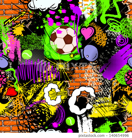 Seamless graffiti sports background . Hand drawn. Not AI, vector illustration. Seamless graffiti sports background . Hand drawn. Not AI, vector illustration. 140654996