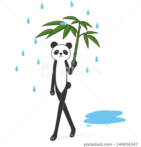 A flat illustration of a panda walking in the rain with a bamboo leaf as an umbrella. A flat illustration of a panda walking in the rain with a bamboo leaf as an umbrella. 140656347