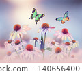 Digital Watercolor Painting of Pink Daisy Flowers and Butterflies 140656400