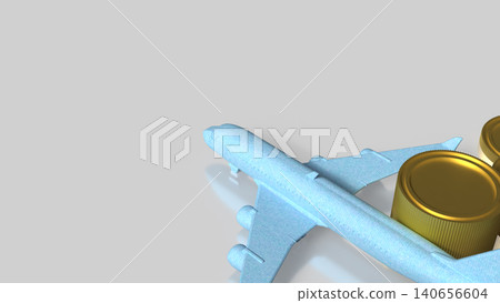 Blue Passenger Airplane With Gold Coins Travel Finance Concept 3d render. Blue Passenger Airplane With Gold Coins Travel Finance Concept 3d render. 140656604
