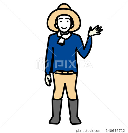 Illustration: Full-body illustration of a farmer wearing a straw hat and waving with a smile. 140656712