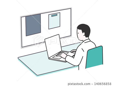 Illustration of a doctor/researcher entering electronic medical records and data into a computer. Illustration of a doctor/researcher entering electronic medical records and data into a computer. 140656858