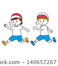 An illustration of a boy and a girl in gym clothes with worried expressions, running and sweating. 140657267
