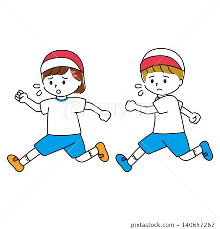 An illustration of a boy and a girl in gym clothes with worried expressions, running and sweating. An illustration of a boy and a girl in gym clothes with worried expressions, running and sweating. 140657267
