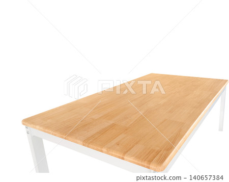 A side view of a wooden table with white iron legs, against a white background. A side view of a wooden table with white iron legs, against a white background. 140657384