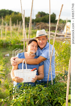 Cute senior couple in backyard garden Cute senior couple in backyard garden 140657748