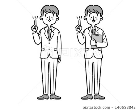 Male office worker explaining points (full body, vector, monochrome) Male office worker explaining points (full body, vector, monochrome) 140658842
