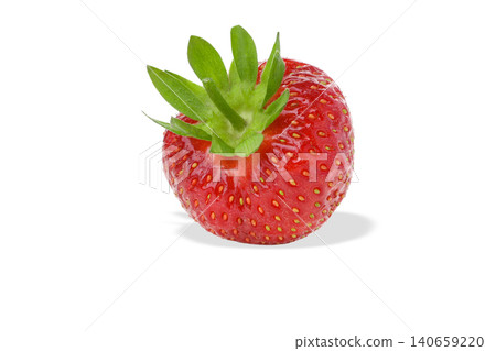 Red strawberry with green leaves on a flat surface, PNG Red strawberry with green leaves on a flat surface, PNG 140659220