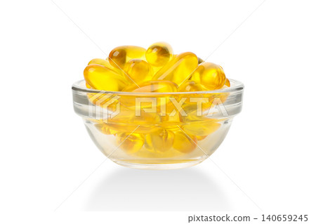 Softgel capsules in clear bowl highlight nutritional value of Omega, PNG Softgel capsules in clear bowl highlight nutritional value of Omega, PNG 140659245