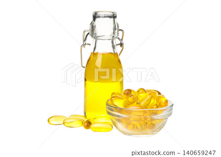 Glass bottle filled with golden oil next to softgel capsules, PNG Glass bottle filled with golden oil next to softgel capsules, PNG 140659247