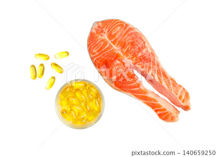 Salmon fillet sits beside a bowl of omega 3 fish oil capsules. Nutritional health concept, PNG Salmon fillet sits beside a bowl of omega 3 fish oil capsules. Nutritional health concept, PNG 140659250