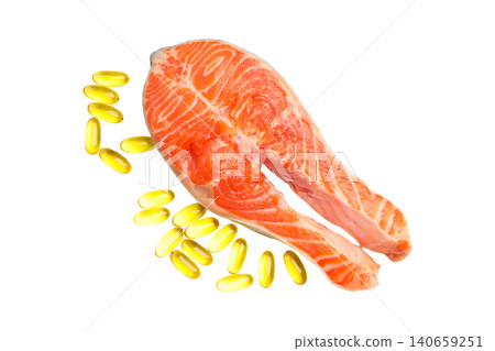 Fresh salmon fillet surrounded by omega 3 capsules. Nutritional value and health concept, PNG Fresh salmon fillet surrounded by omega 3 capsules. Nutritional value and health concept, PNG 140659251