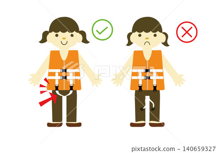 Illustration of a child (girl) correctly wearing a life jacket, specifically how to properly fasten the crotch strap. Illustration of a child (girl) correctly wearing a life jacket, specifically how to properly fasten the crotch strap. 140659327