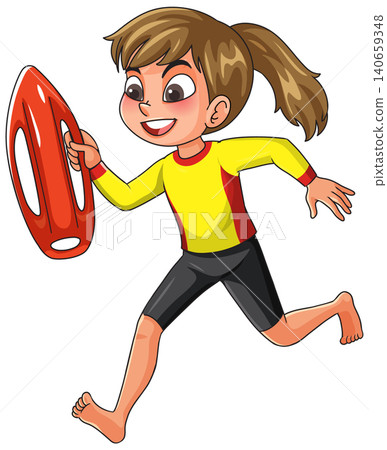 Cartoon Young Girl Lifeguard Running with Red Rescue Buoy Cartoon Young Girl Lifeguard Running with Red Rescue Buoy 140659348