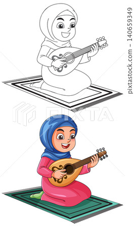 Muslim Girl Playing Oud Instrument on Prayer Mat Vector Illustration Muslim Girl Playing Oud Instrument on Prayer Mat Vector Illustration 140659349