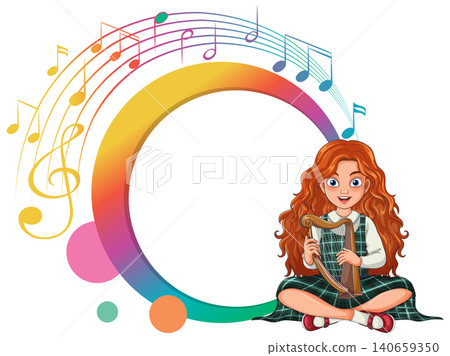 Red-Haired Girl Playing Harp with Musical Notes Red-Haired Girl Playing Harp with Musical Notes 140659350