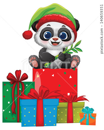 Cute Baby Panda Wearing Elf Hat Sitting on Christmas Gift Boxes Cute Baby Panda Wearing Elf Hat Sitting on Christmas Gift Boxes 140659351