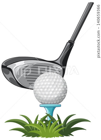 Golf Driver Club Aiming at Ball on Tee in Grass Golf Driver Club Aiming at Ball on Tee in Grass 140659366