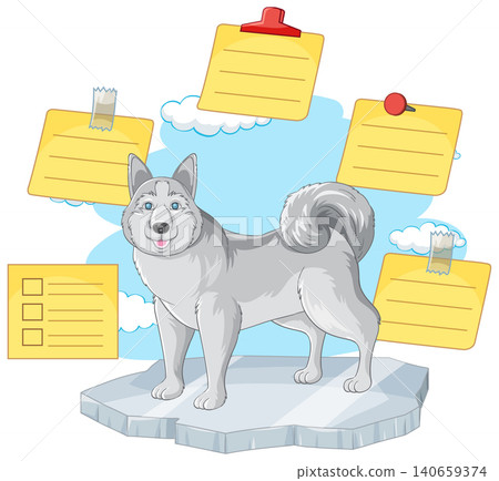 Grey Siberian Husky Standing on Ice with Yellow Sticky Note Reminders Grey Siberian Husky Standing on Ice with Yellow Sticky Note Reminders 140659374